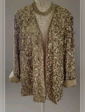 Chicos Travelers Gold Sequin Open-Front Satin Lined Jacket -  Chico 2 (full cut)